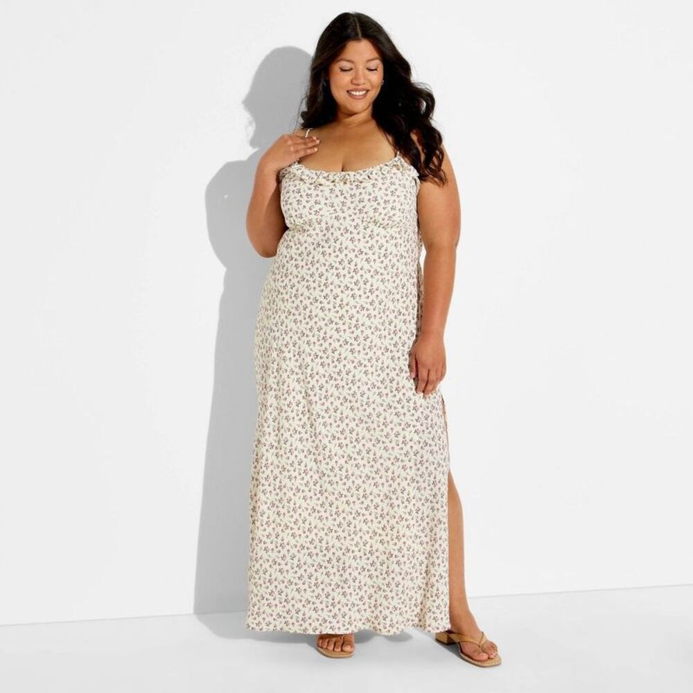 Women's Ruffle Trim Maxi Slip Dress - Wild Fable Cream Floral 2X